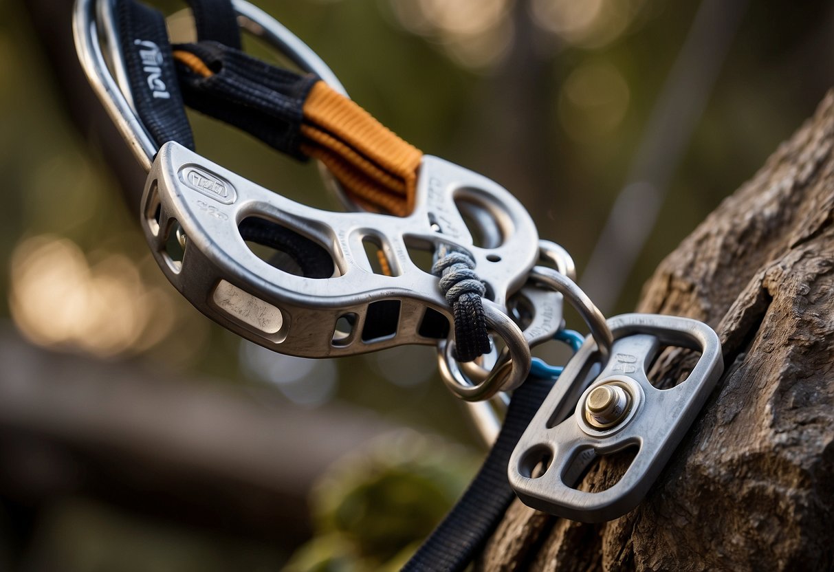 A Petzl Oscillante pulley hangs from a carabiner, surrounded by a harness, climbing shoes, rope, and other essential rock climbing gear