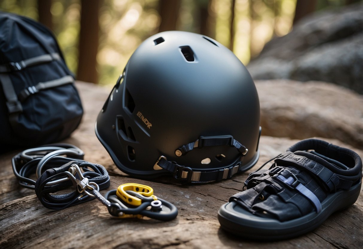 A Black Diamond Half Dome Helmet sits among 10 essential gear items for beginner rock climbers. The helmet is surrounded by climbing shoes, harness, and carabiners