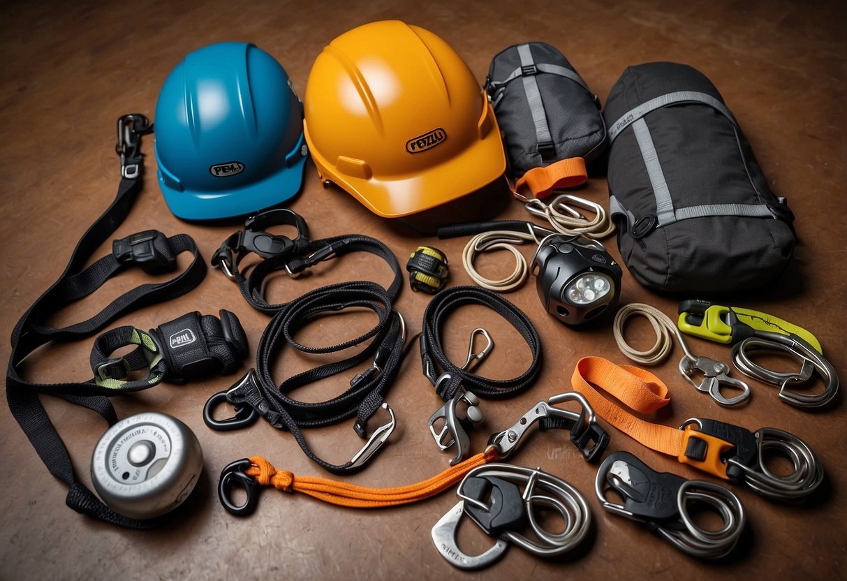 A rock climber's gear laid out: Petzl Tikka headlamp, harness, shoes, chalk bag, carabiners, rope, belay device, helmet, and quickdraws