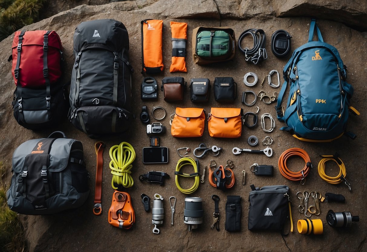 A set of 10 DMM Alpha Trad Quickdraws arranged neatly on a rock climbing harness, with various essential gear items such as carabiners, slings, and cams laid out nearby