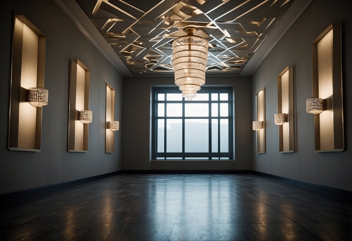 A room with sleek, geometric light fixtures hanging from the ceiling, casting intricate patterns of light and shadow across the walls and floor