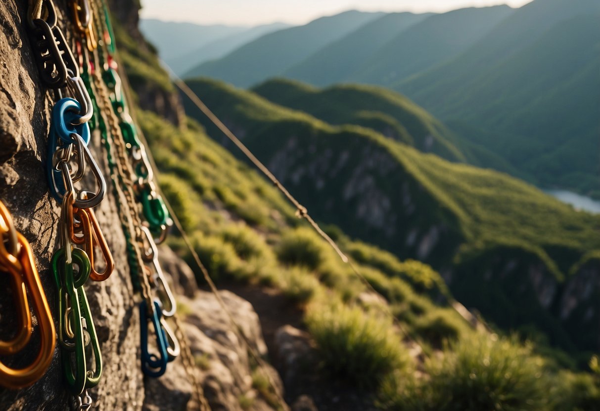 Rocky cliffs rise against a backdrop of lush greenery, with colorful ropes and carabiners dangling from the jagged edges. The sun casts a warm glow over the rugged terrain, inviting climbers to explore the challenging routes