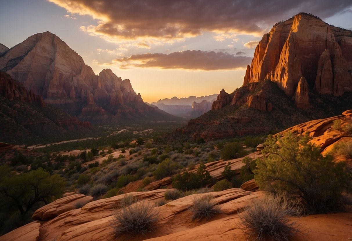 Sunset at Zion National Park, Utah. Red rock formations tower over the rugged terrain, creating challenging rock climbing spots