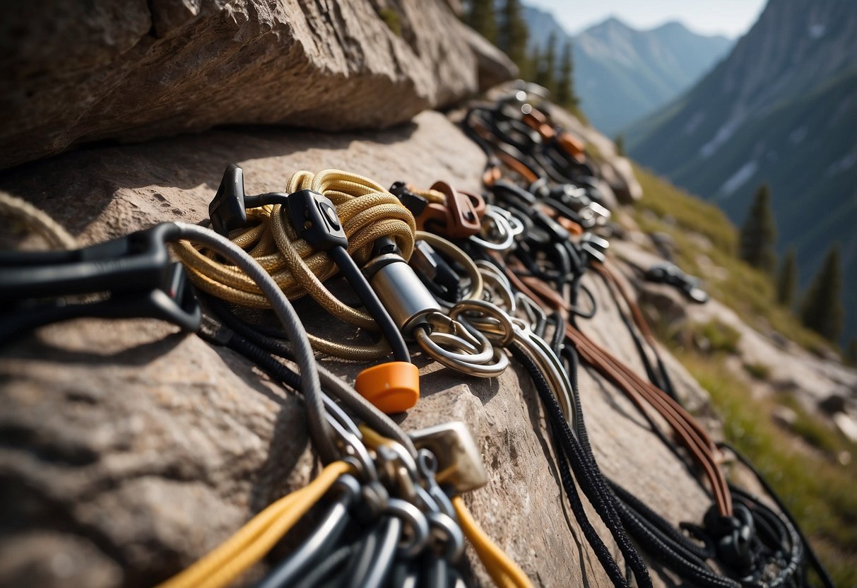 A scenic view of rugged cliffs and rocky peaks in various national parks, with safety gear and ropes visible for rock climbing