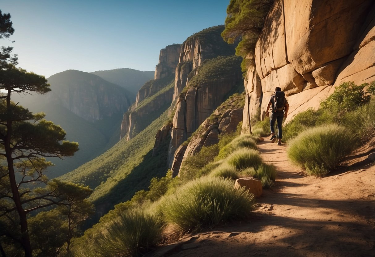 Sunlit cliffs in various national parks, with climbers tackling challenging routes. Lush greenery and clear skies create a picturesque backdrop