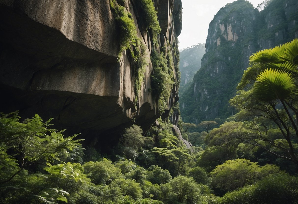 Lush greenery surrounds towering rock formations in the national park, with wildlife peeking out from the crevices. The impact of climbers is minimal, leaving the environment undisturbed