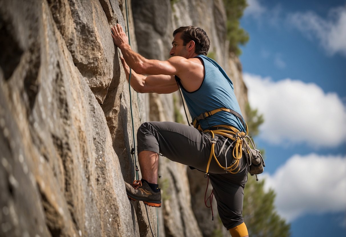 A climber scales a rock wall, using precise foot placements and smooth movements. Their body is balanced and controlled, demonstrating efficient technique