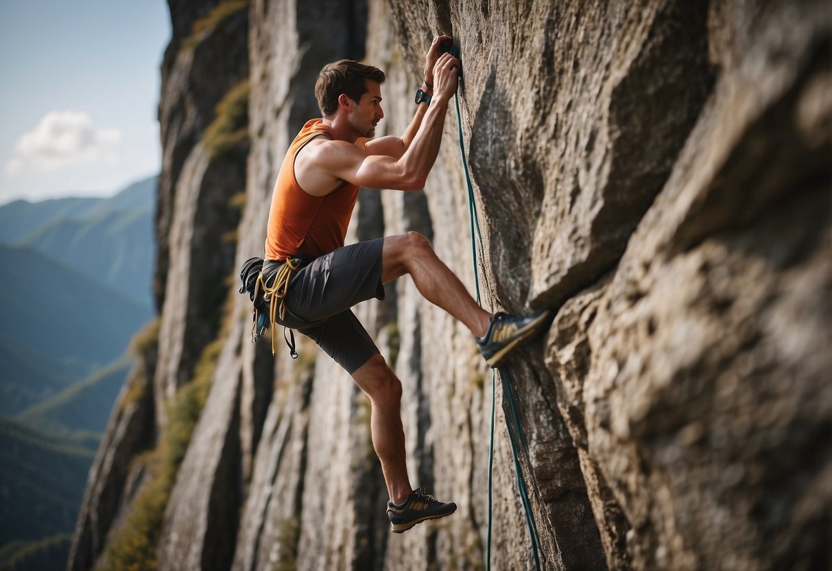 A climber scales a steep rock face, engaging their core muscles for balance and stability. Focused on technique, they carefully place their feet and reach for the next hold