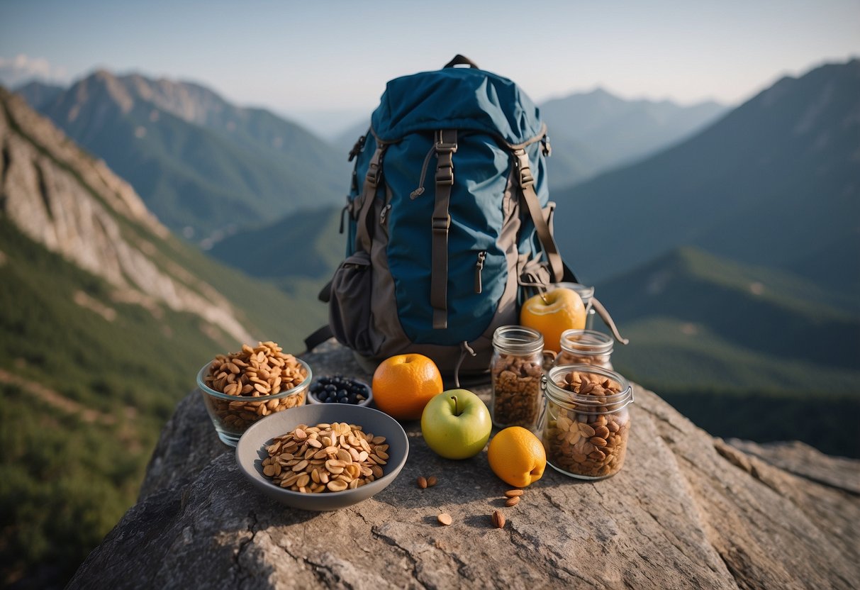 A backpack open on a rocky ledge, filled with granola bars, trail mix, and fruit. Climbing gear scattered around. Mountains in the background