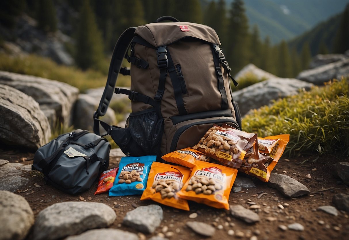 A rocky cliff face with a backpack open to reveal Clif Bar Chocolate Chip snacks spilling out onto the ground, surrounded by climbing gear