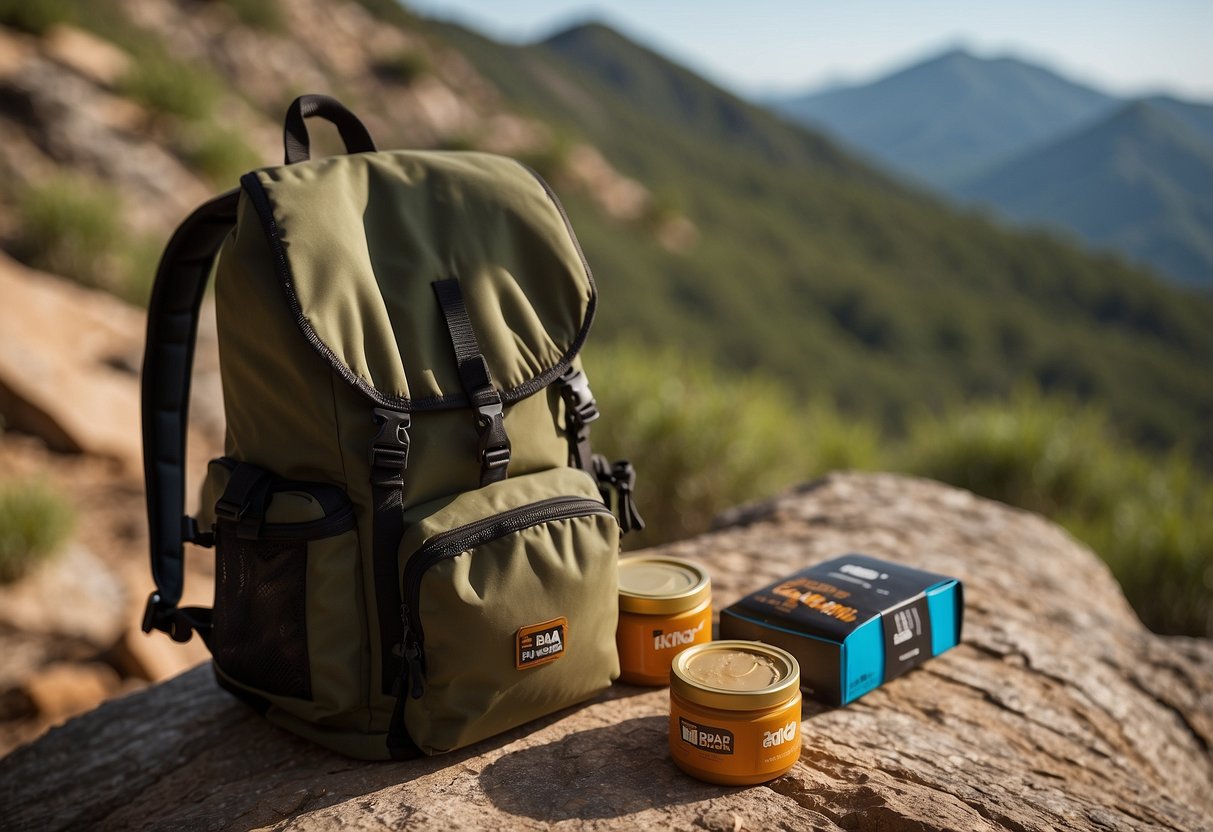 A hand reaching into a backpack, pulling out a RxBar Peanut Butter snack, with climbing gear in the background