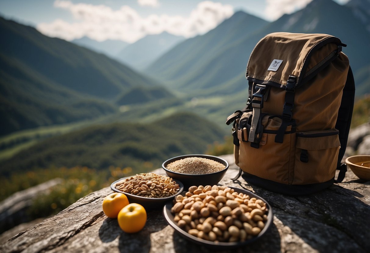 A mountainous landscape with a backpack filled with Kind Healthy Grains Dark Chocolate Chunk snacks. The sun is shining, and there are climbing ropes and gear scattered around