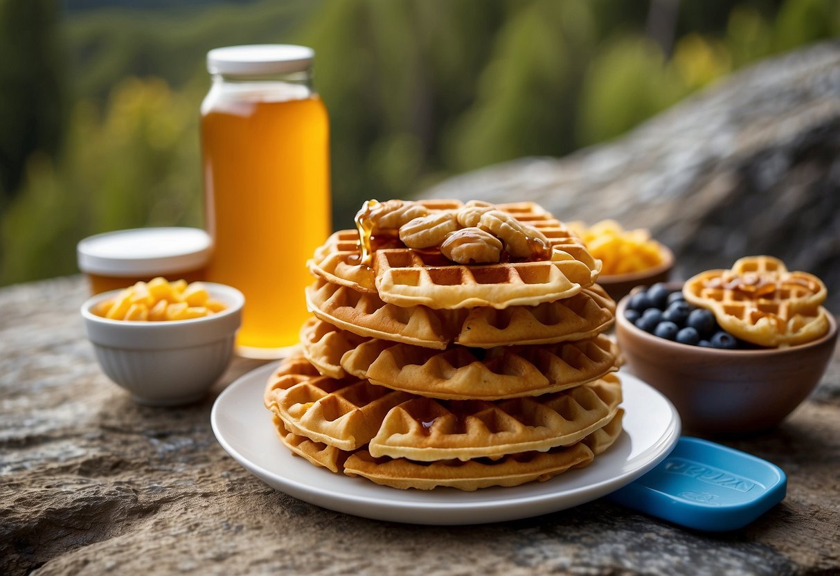 A colorful array of Honey Stinger Organic Waffles and various snacks laid out on a rock ledge with climbing gear in the background