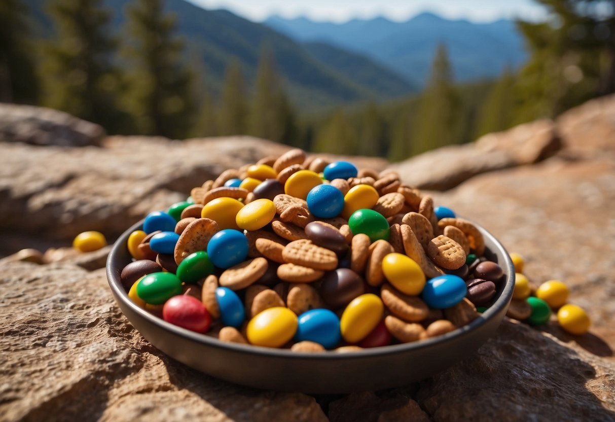 A pile of trail mix with M&Ms sits on a rocky ledge, surrounded by climbing gear. The sun shines down, casting a warm glow on the colorful snacks