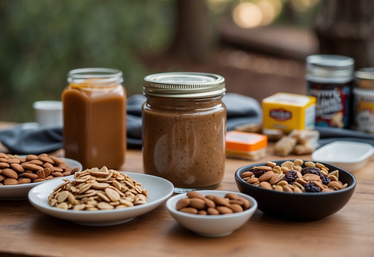 A table with a jar of Justin's Classic Almond Butter surrounded by 10 different snacks, such as granola bars, trail mix, and dried fruit, laid out next to climbing gear