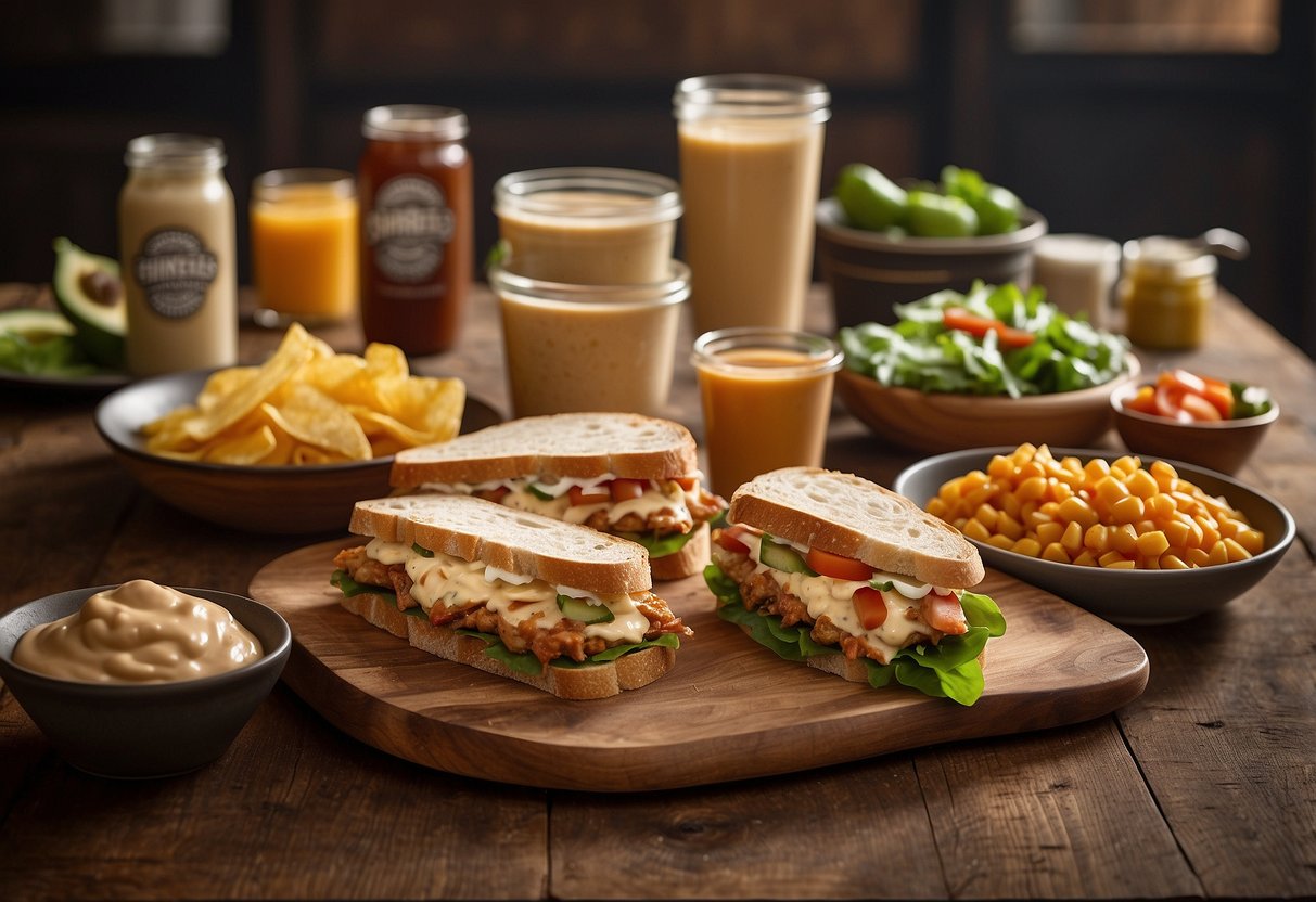 A spread of 10 snack options, including sandwiches, wraps, and salads, accompanied by Sir Kensington's Chipotle Mayo, laid out on a rustic wooden table with climbing gear in the background