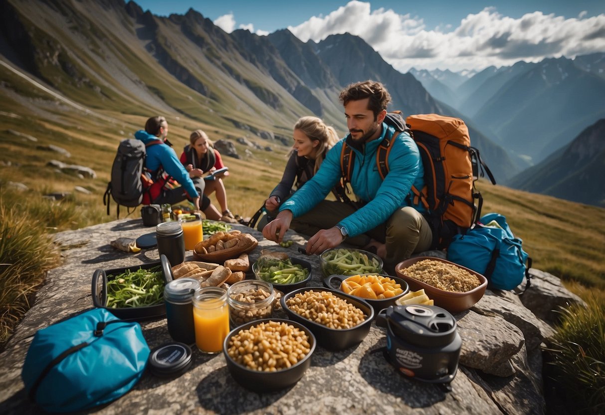 A mountainous landscape with a group of climbers snacking on GoMacro MacroBar Protein Paradise. Backpacks and climbing gear scattered around. Sky is clear with a few clouds