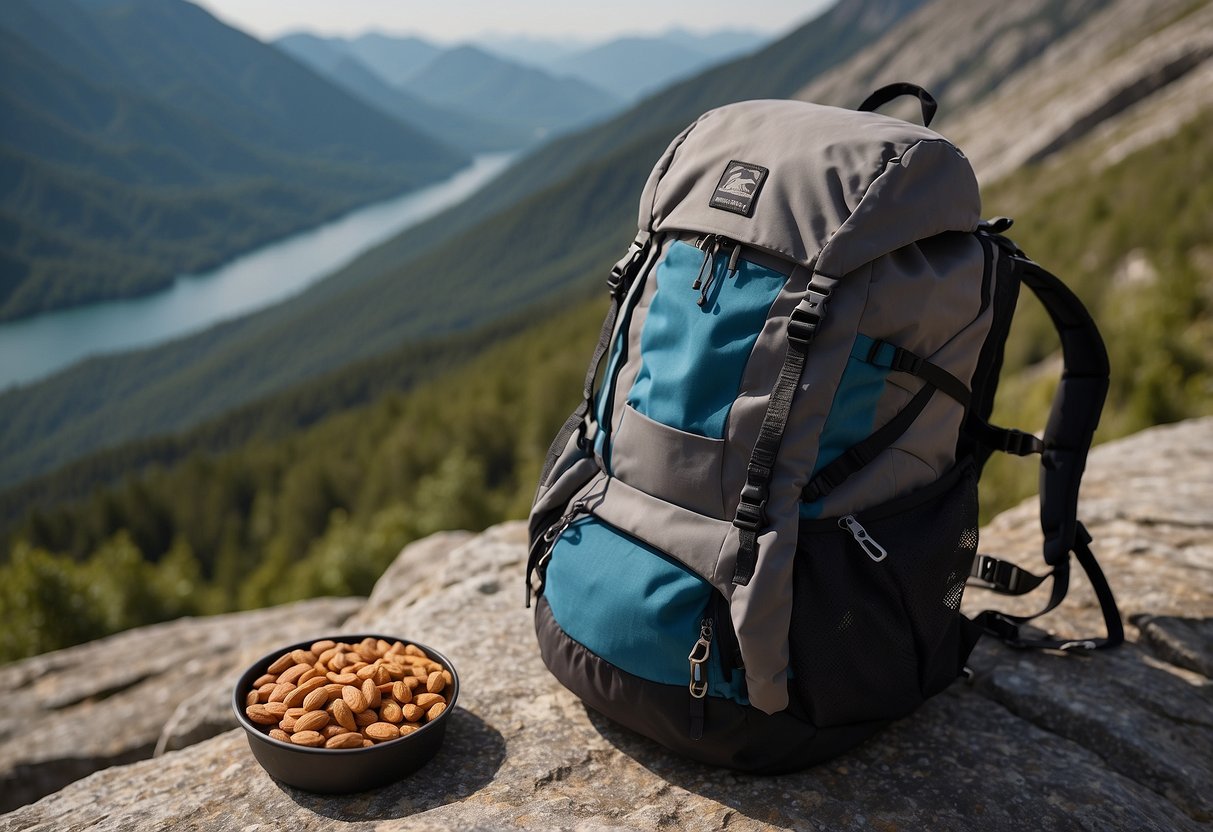 A backpack open on a rocky ledge, filled with trail mix, granola bars, and fruit. Climbing gear scattered around. A mountain peak in the background