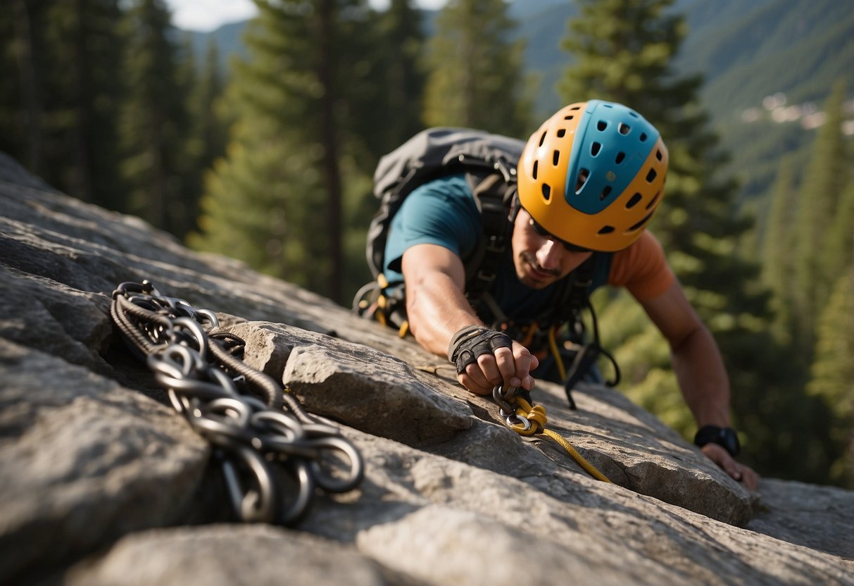 A lone rock climber secures gear, checks surroundings, and maintains communication. Safety checklist includes helmet, harness, ropes, and anchor points