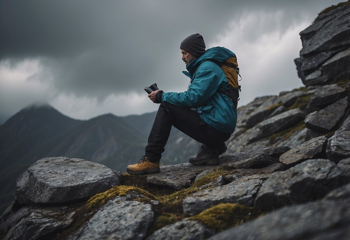 A lone figure scales a rocky cliff, checking weather conditions. Safety gear is visible nearby. The sky is overcast, with a hint of impending rain