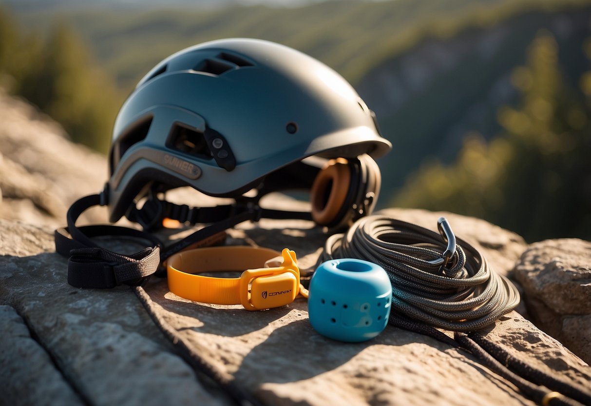 A climbing helmet sits atop a rocky ledge, surrounded by carabiners, ropes, and a chalk bag. The sun casts a warm glow on the safety gear, highlighting its importance for solo rock climbing