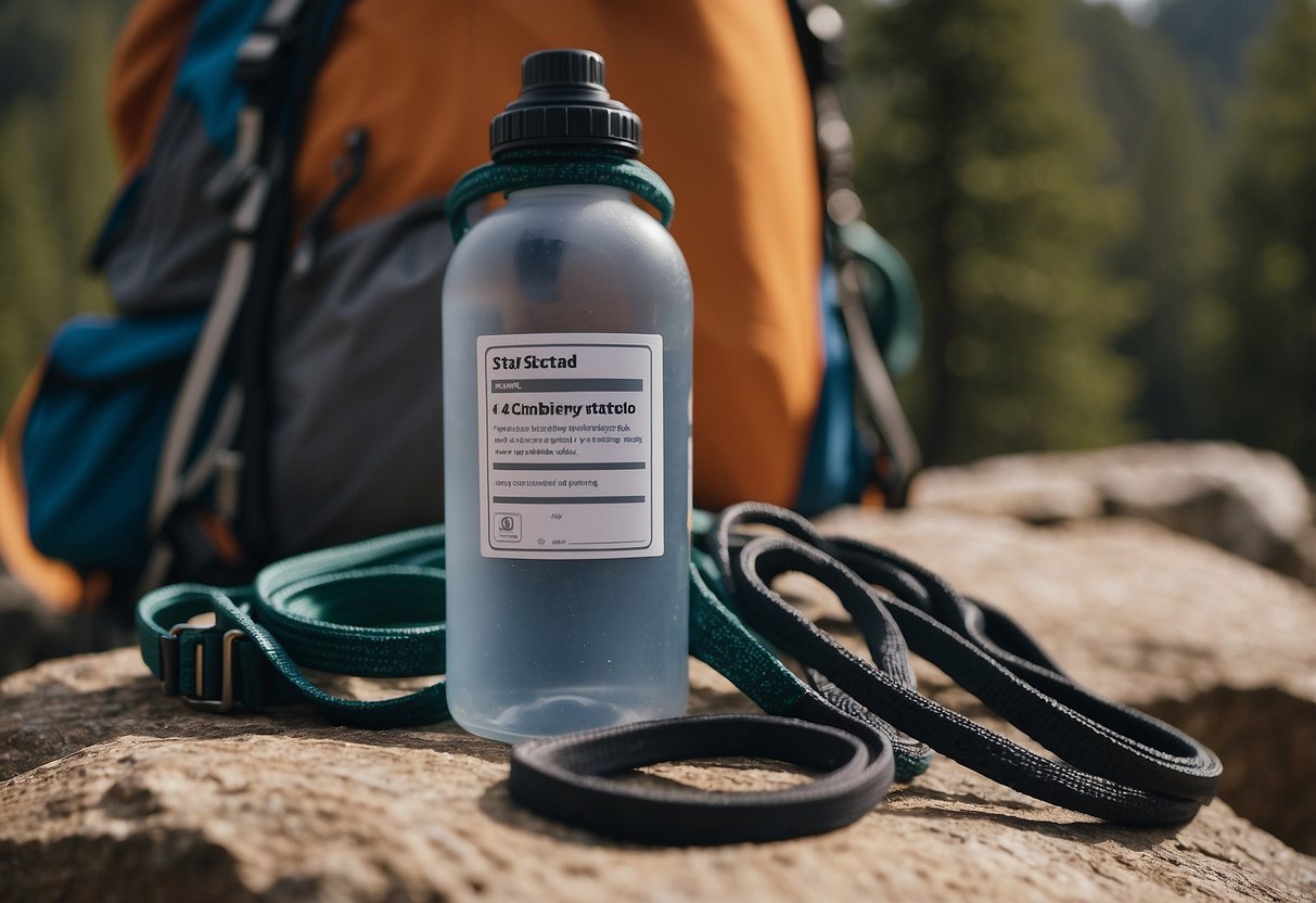 A rock climber secures a water bottle to their harness. A safety checklist sits nearby. The climber glances at a sign that reads "Stay Hydrated: 8 Safety Tips for Solo Rock Climbing."