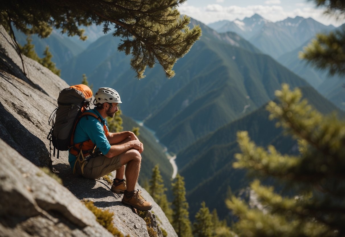 A climber sits alone, checking gear and visualizing the route. Safety checklist nearby. Focus and determination evident