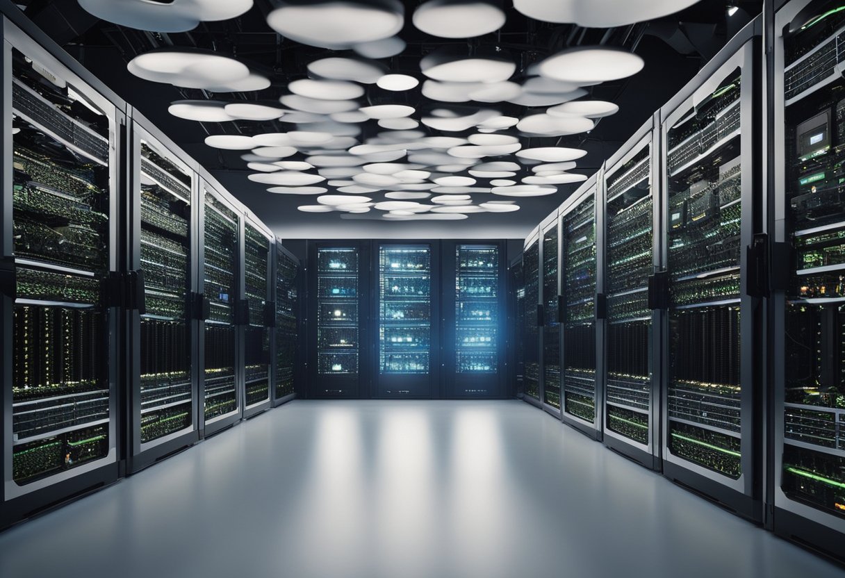 A network of interconnected servers, each with a unique task, forming a decentralized cloud computing system