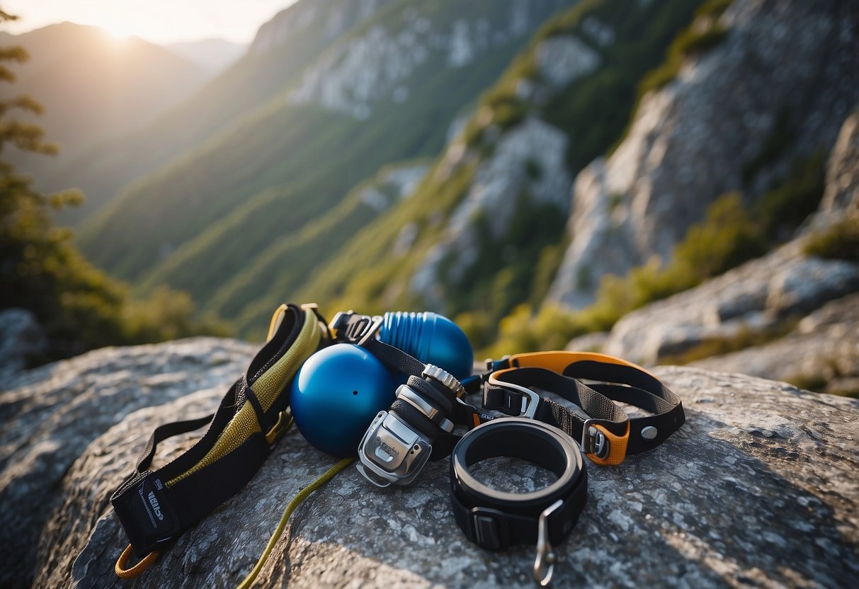 Climbing gear made from sustainable materials, reusable chalk bags, solar-powered headlamps, and biodegradable climbing tape on a rocky cliff