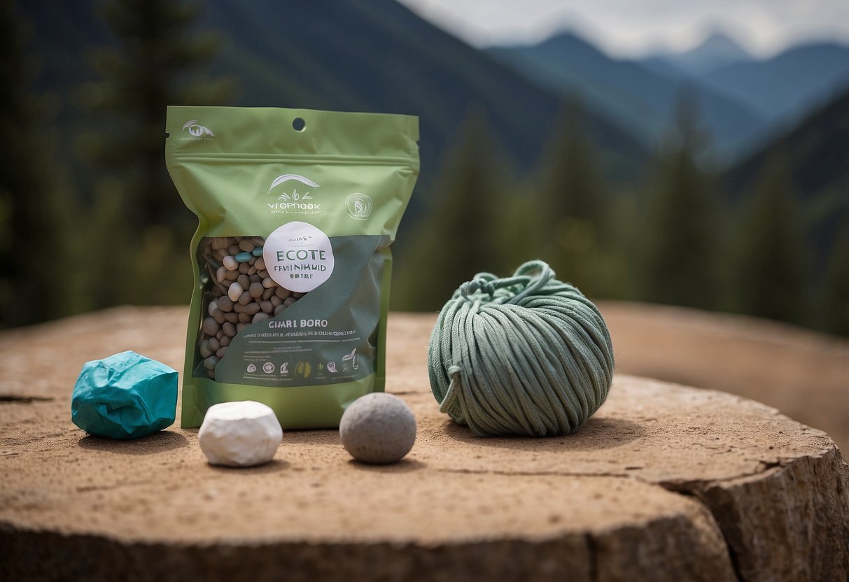 A hand holding eco-friendly chalk, surrounded by a reusable chalk bag, refillable chalk ball, and compostable packaging. A climbing rope and carabiner are nearby