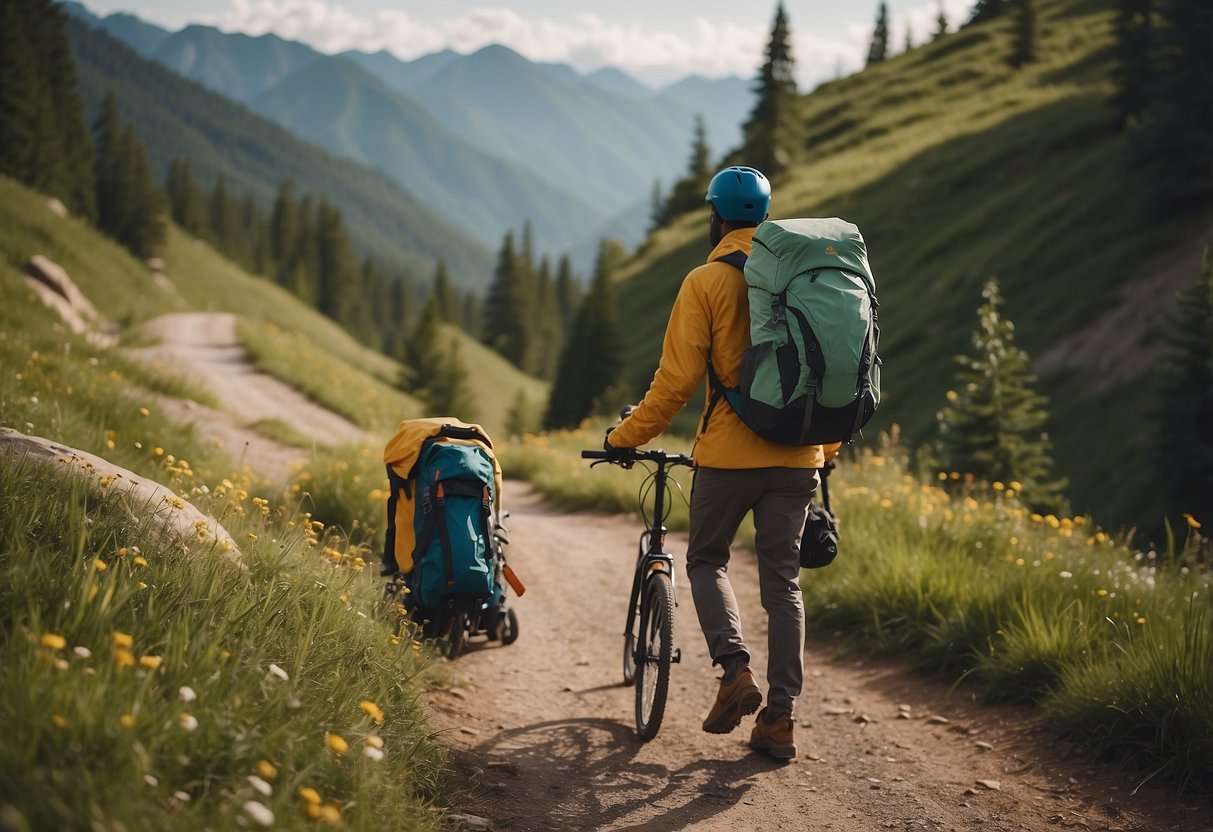 A mountain climber carrying eco-friendly gear, walking towards a trailhead with a bicycle, electric scooter, and public transportation options in the background