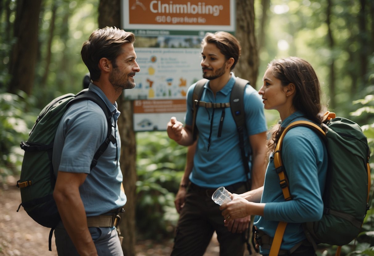 A group of climbers gather around a sign promoting local climbing areas. They are seen using eco-friendly practices such as reusable water bottles and picking up trash