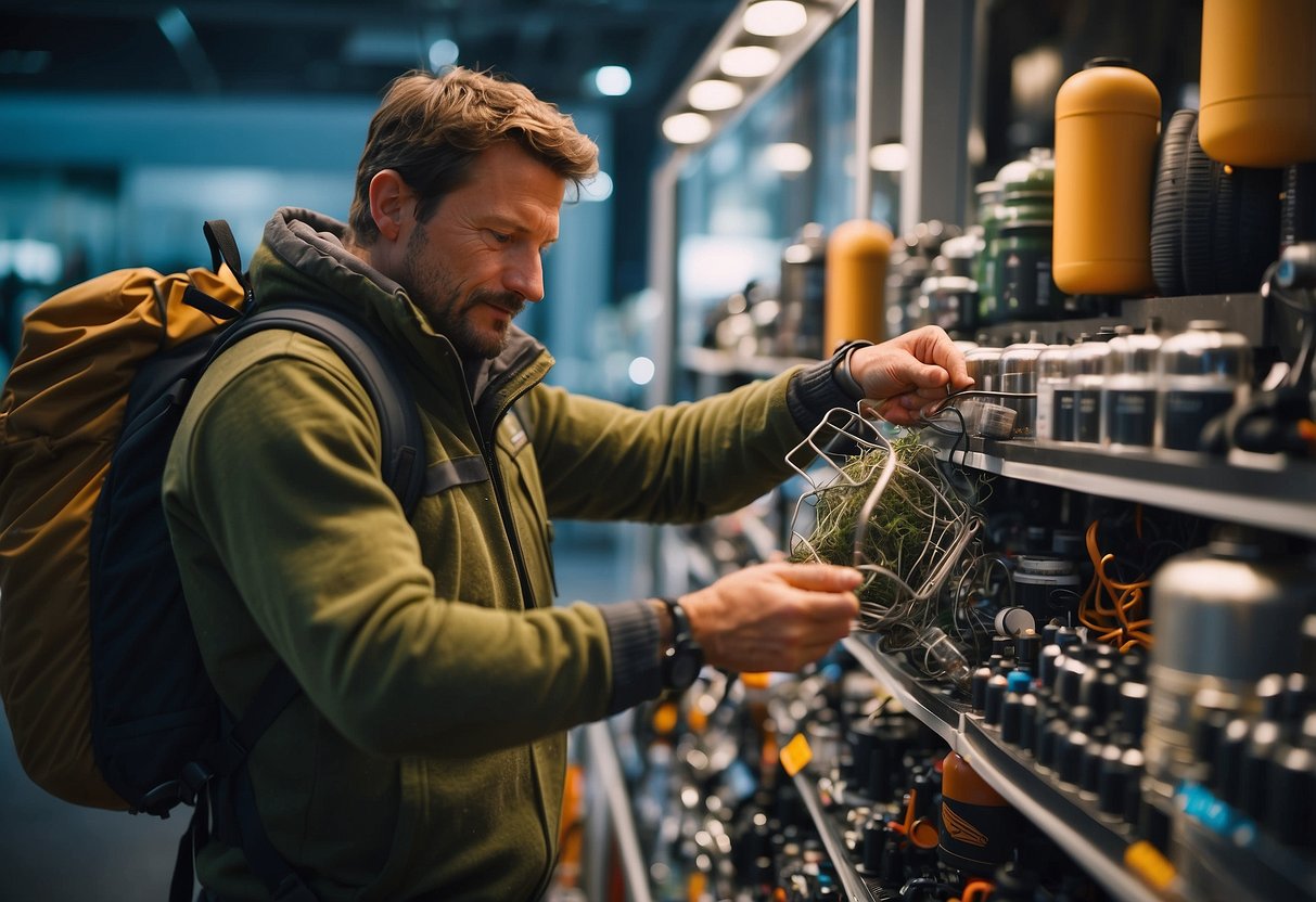 A mountain climber carefully selects eco-friendly gear from a display of sustainable options, including recycled materials and energy-efficient products