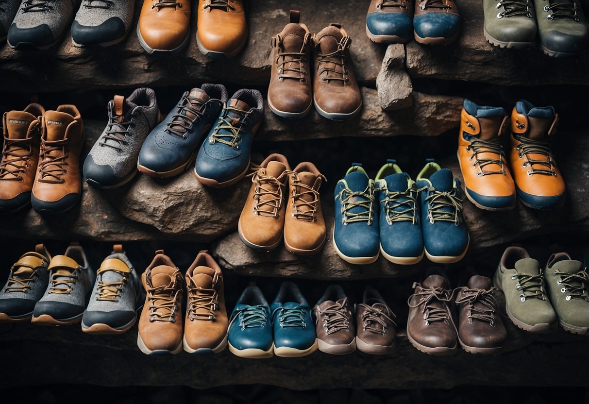 A collection of 10 climbing shoes arranged on various terrains - rock, ice, and indoor wall - showcasing their versatility and suitability for different climbing environments