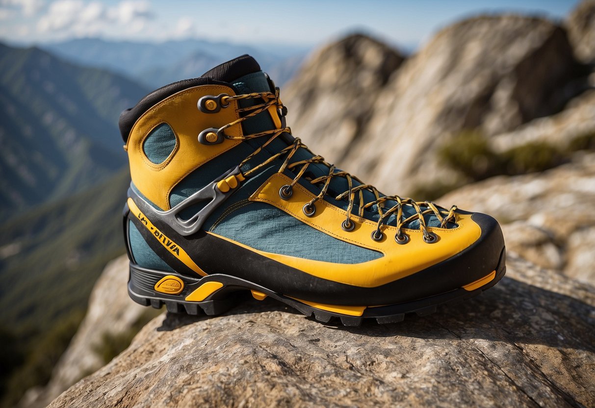 A pair of La Sportiva Miura VS climbing shoes on a rocky terrain, with various terrains such as steep cliffs, boulders, and rugged mountains in the background