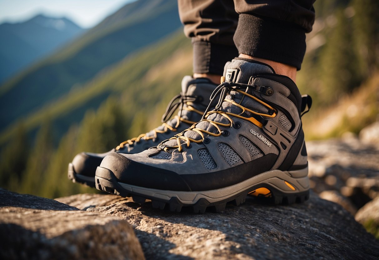 A rugged mountain peak looms in the background as a pair of Mad Rock Drone 10 climbing shoes conquer various terrains in the foreground