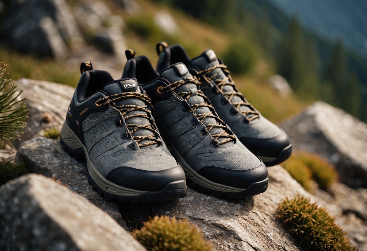 A rocky mountain path with various terrains, including steep inclines, jagged edges, and smooth surfaces, showcasing the versatility of the Unparallel UP Rise VCS 10 climbing shoes