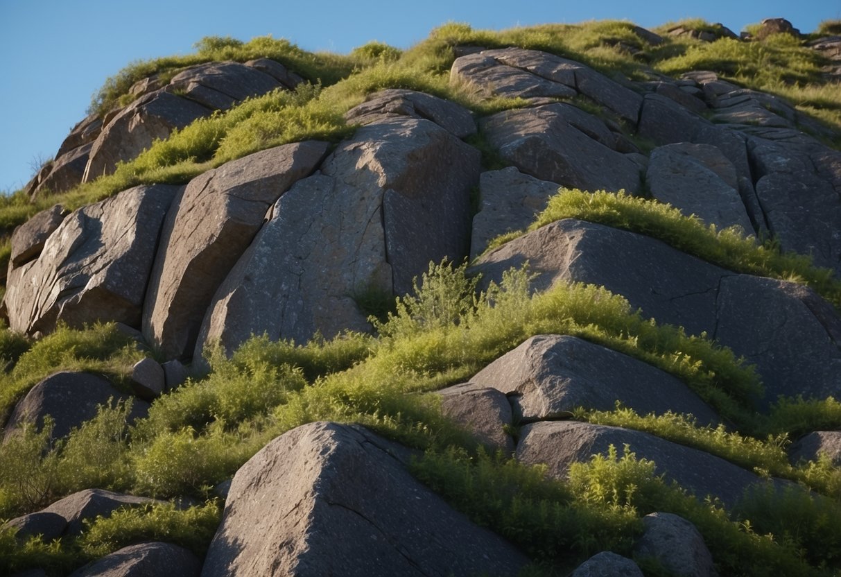 A rocky mountain face with jagged edges and small crevices, surrounded by lush greenery and a clear blue sky