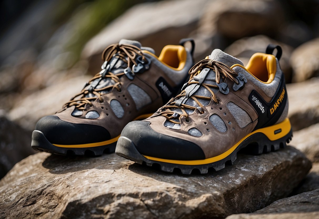 A variety of climbing shoes arranged on a rocky terrain, with labels indicating different terrains. Some shoes have aggressive downturned soles, while others have flatter, more neutral shapes