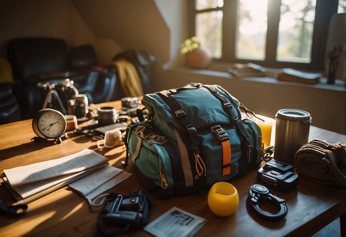 Climbing gear laid out on a map, backpacks packed, ropes coiled, and a checklist on a table. Guidebooks and snacks scattered around. Sunrise light streaming through a window