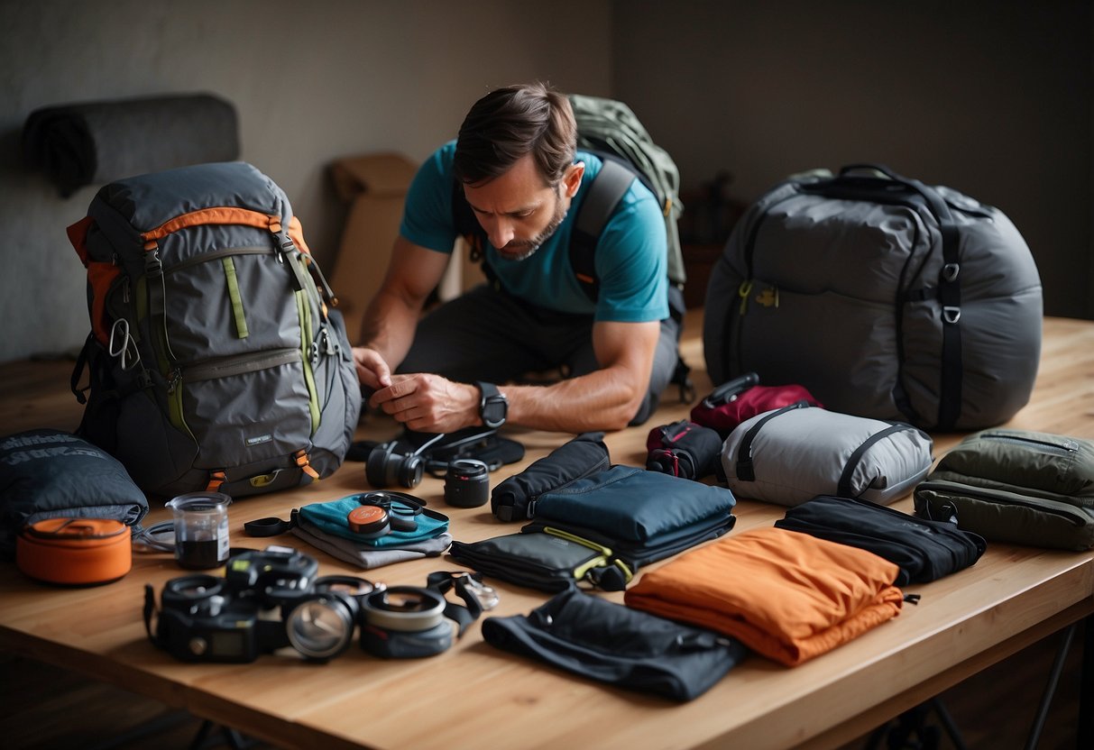 A climber carefully selects gear, clothing, and supplies, organizing them into a compact, efficient pack. Maps and guidebooks lay nearby, ready for planning