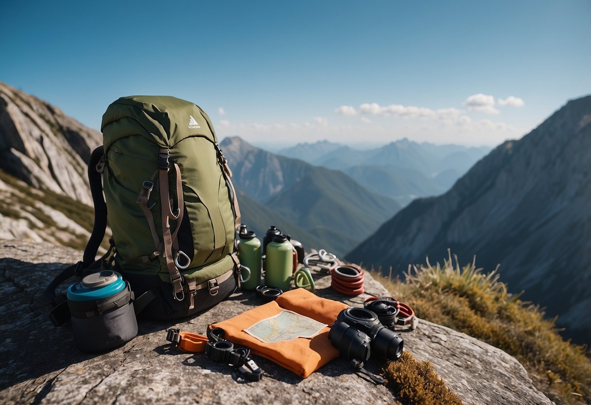 A mountain peak with a backpack, rope, and carabiners laid out, surrounded by a map, compass, and camping gear. The scene is set against a backdrop of rugged cliffs and a clear blue sky