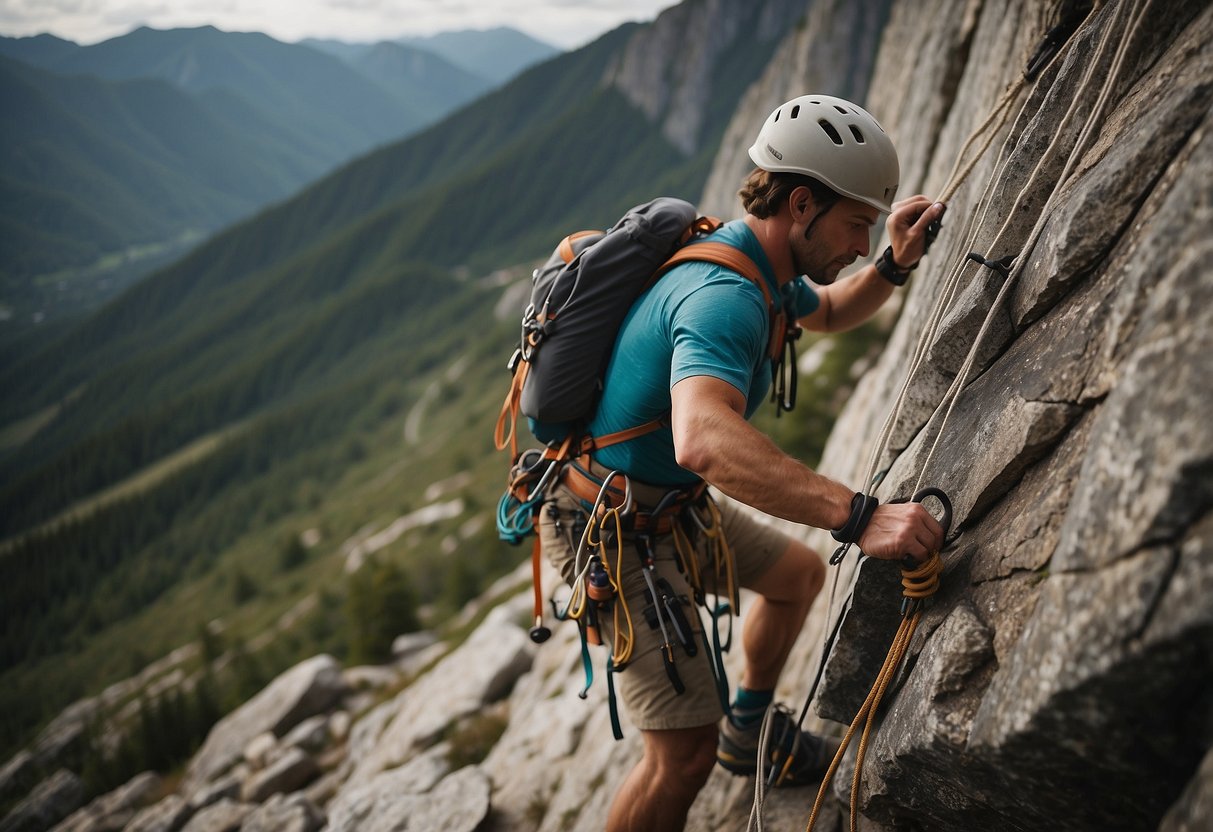 A climber secures ropes on a rocky cliff, using various belay techniques. Gear and supplies are scattered around, as they plan for a multi-day climbing trip