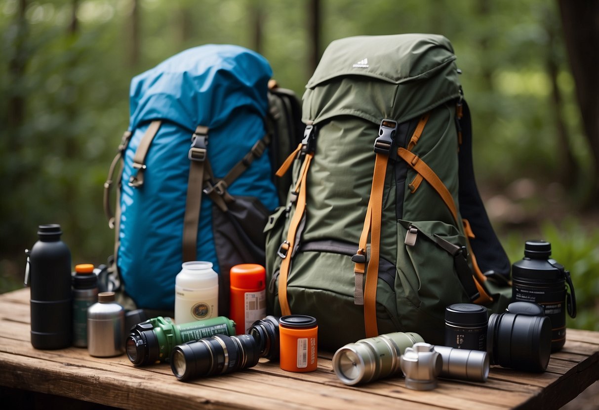 A backpack with climbing gear, a tent, and various weatherproof clothing laid out on a table. A map and compass are nearby, along with a first aid kit and a water bottle