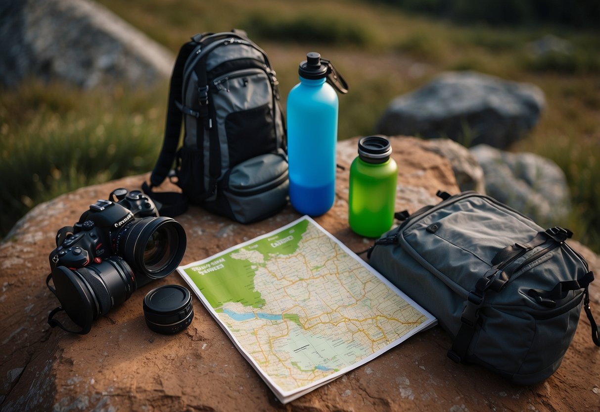 A backpack with water bottles and healthy snacks, surrounded by climbing gear and a map