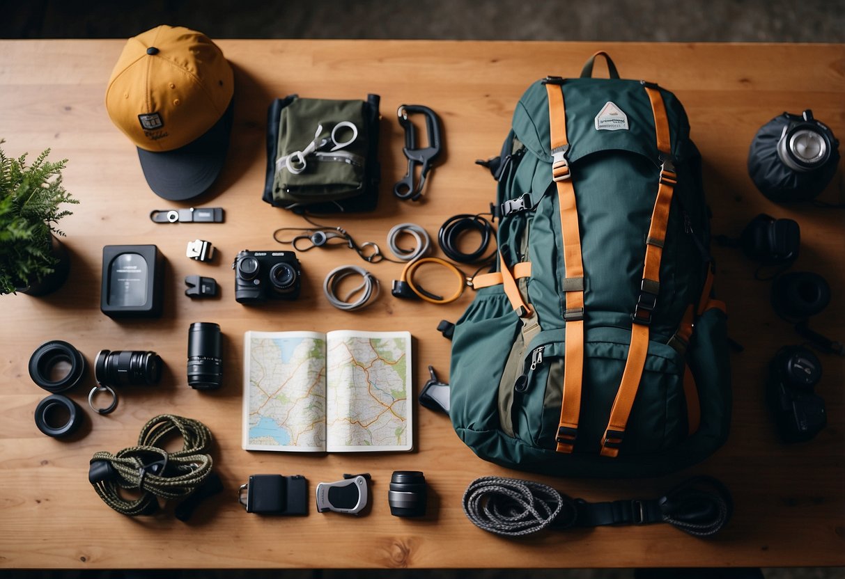 A mountain climber carefully selects gear, including ropes, harnesses, and carabiners, laid out on a table. A map and guidebook are open nearby, with a backpack ready to be filled