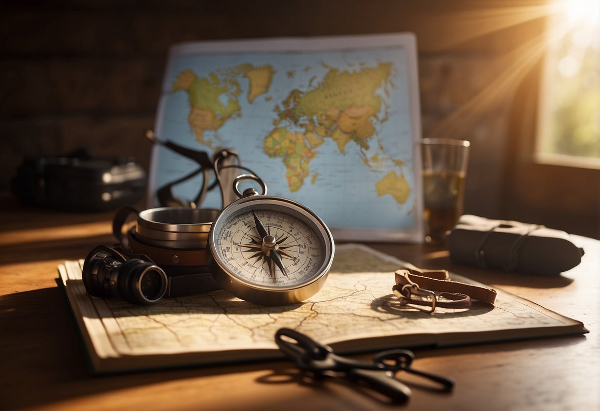 A map and compass lay on a wooden table surrounded by climbing gear, a notebook, and a pencil. The sun shines through a nearby window, casting a warm glow over the scene