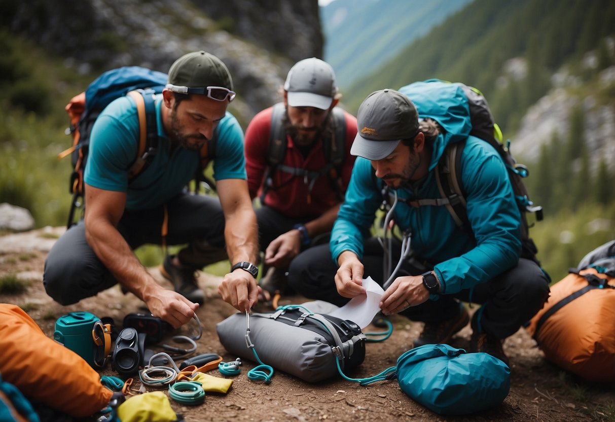 A group of climbers carefully packs their gear, checks their safety equipment, and plans their route for a multi-day climbing trip. They consider weather, terrain, and emergency procedures