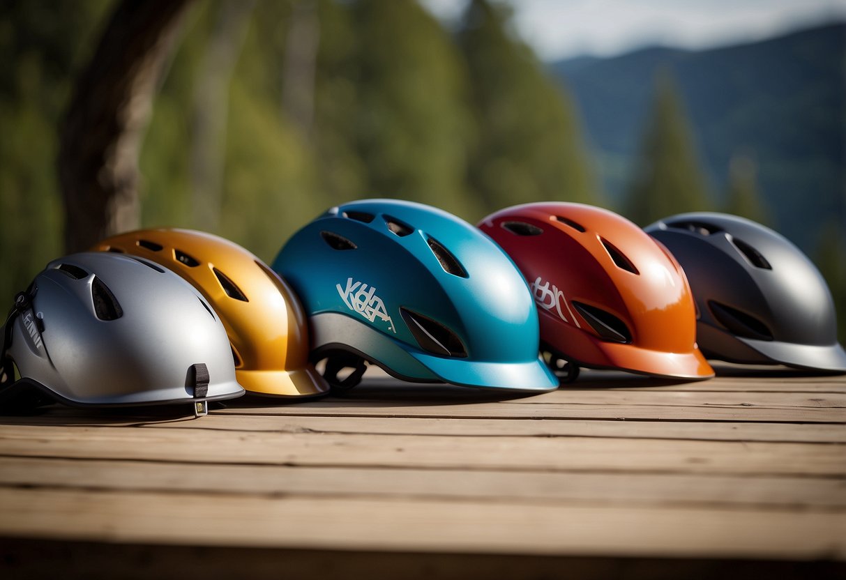 Five climbing helmets arranged on a table, each with unique features and designs, surrounded by climbing gear and ropes