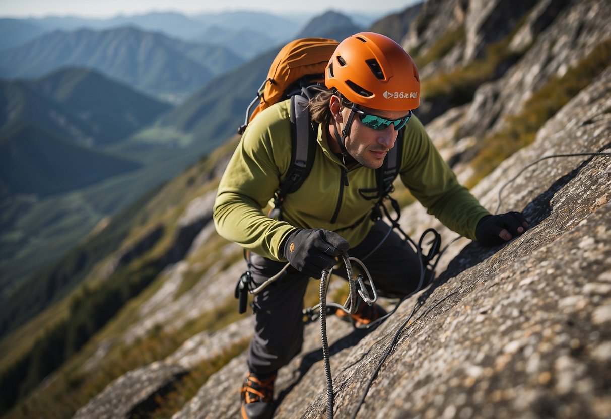 A climber wearing a Black Diamond Vision MIPS helmet, ascending a steep rock face with safety gear and ropes